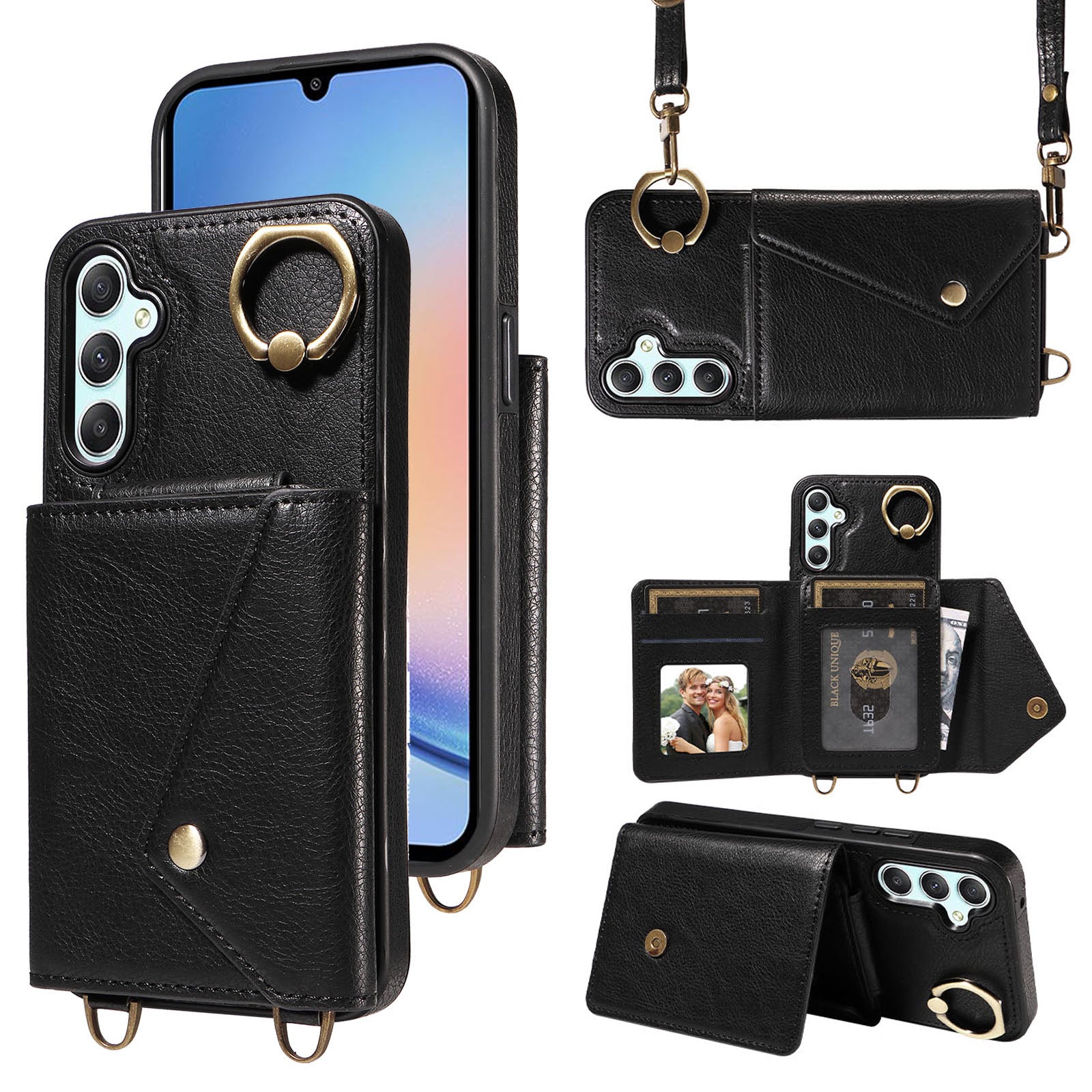 002 Litchi Texture Phone Shell for Samsung Galaxy A34 5G Ring Kickstand Card Bag Leather TPU Case with Shoulder Strap 002 Litchi Texture Phone Shell for Samsung Galaxy A34 5G Ring Kickstand Card Bag Leather TPU Case with Shoulder Strap